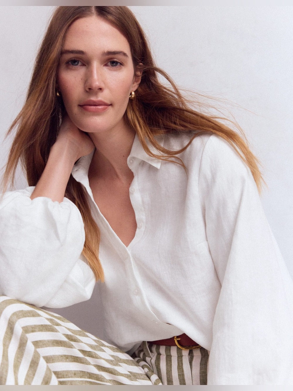 Boden Puff Sleeve Linen Shirt in White, Size 0 - Picture 2 of 9